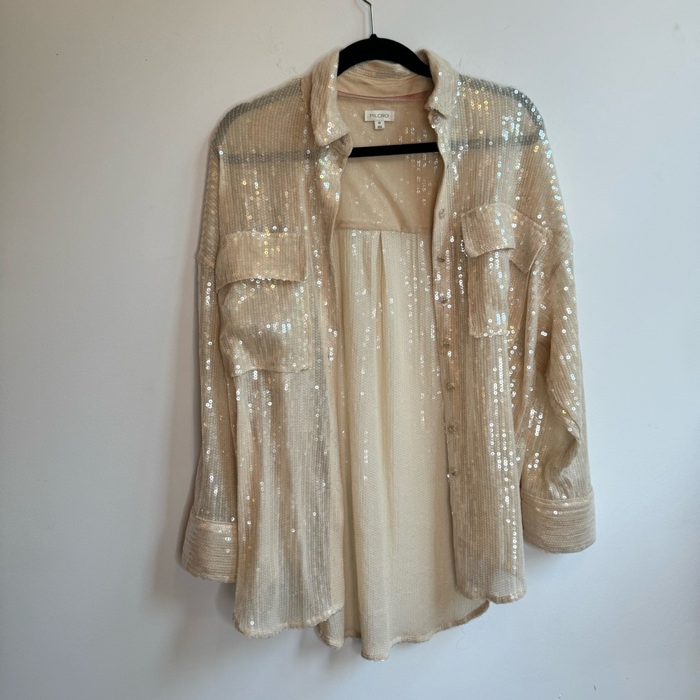 Anthropologie Pilcro Beige Sequin Button Down Shirt